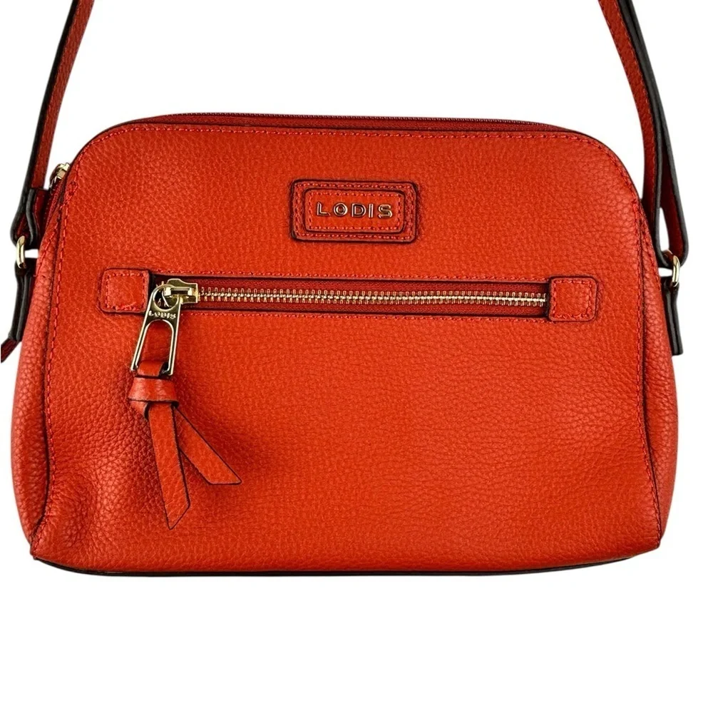 Lodi’s Charlotte Crossbody Purse Burnt Orange Floral interior Pebbled Leather